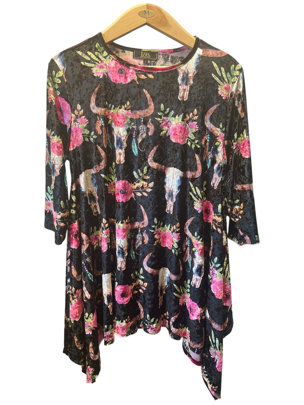 Lucky & Blessed Women’s Size L Western Style Sharkbite Tunic Top Velvet Texture